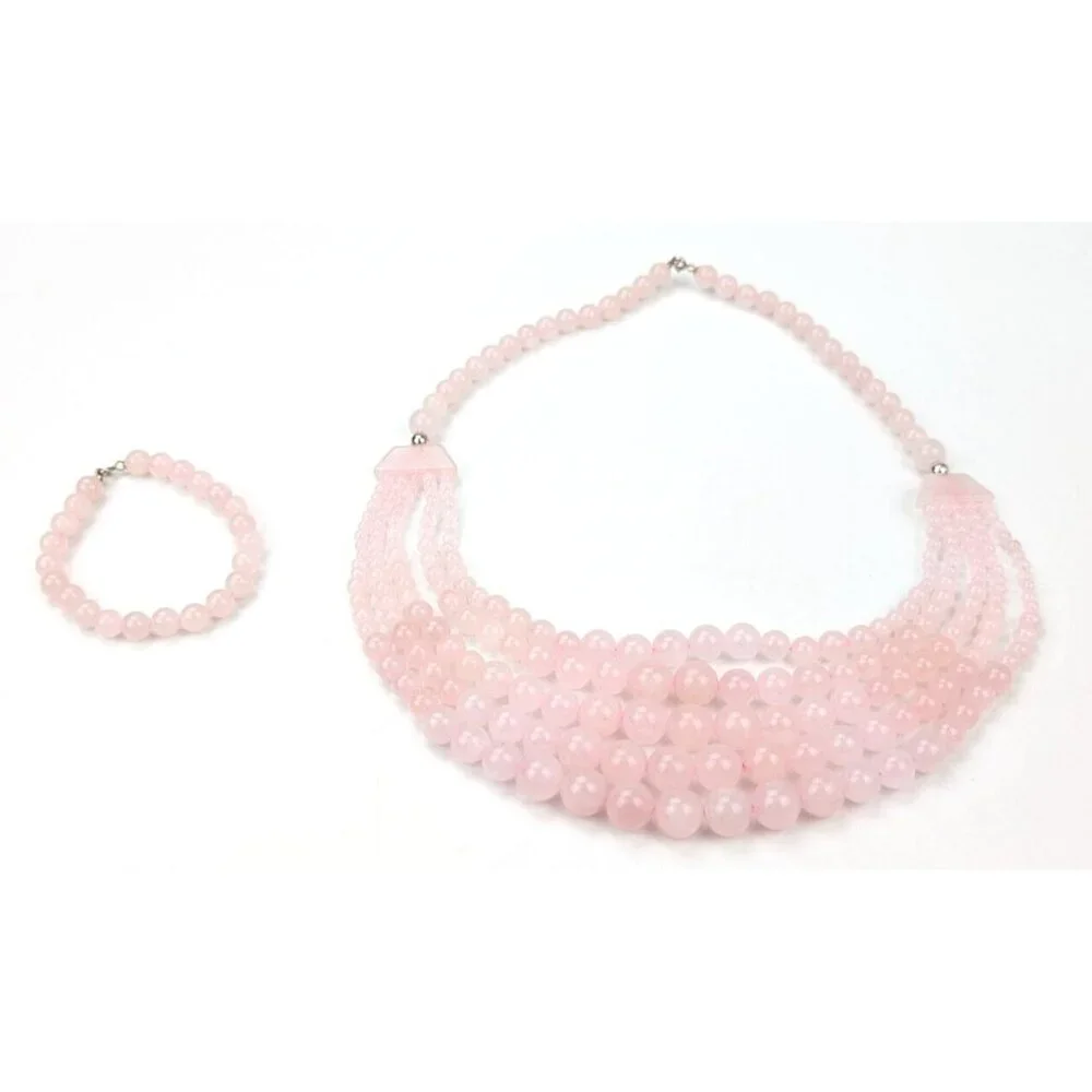 Graduated Pink Rose Quartz Beaded Bib Necklace & Bracelet Sterling Silver 925 - Picture 2 of 10